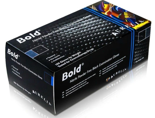 Aurelia Bold nitrile gloves box featuring 100 powder-free black examination gloves for various tasks