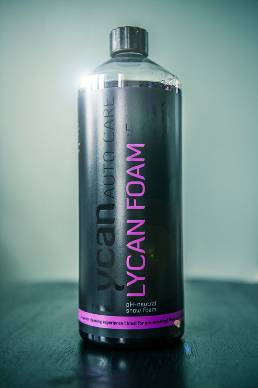 Lycan Auto Care snow foam in a sleek bottle for effective car cleaning and maintenance