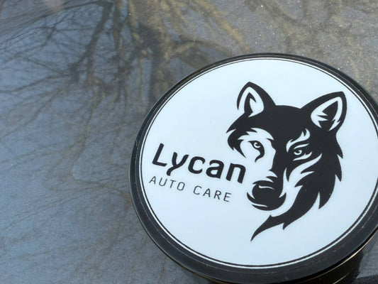 Lycan Auto Care Wax lid featuring a wolf logo, perfect for car detailing and protection