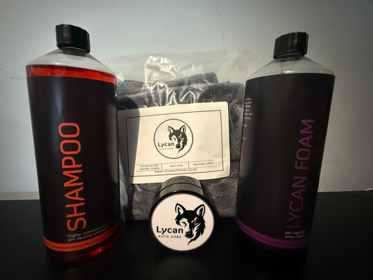 Lycan Auto Care Alpha finish detailing kit with shampoo, foam, and microfiber towel for car cleaning