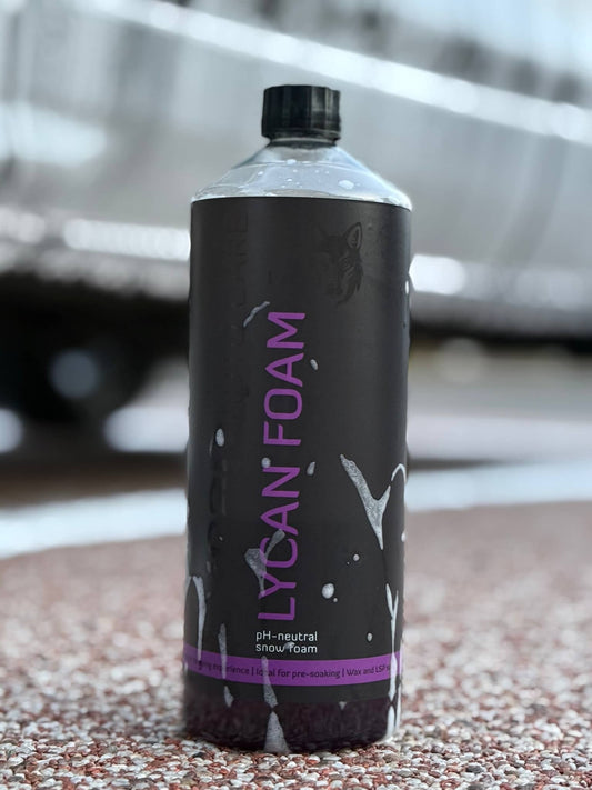 Lycan Auto Care snow foam bottle with purple label for effective car washing and pH-neutral formula