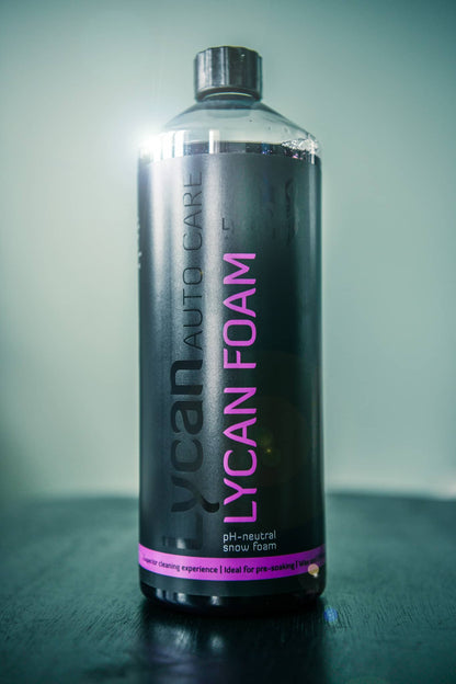 Lycan Auto Care snow foam in a sleek bottle for effective car cleaning and maintenance
